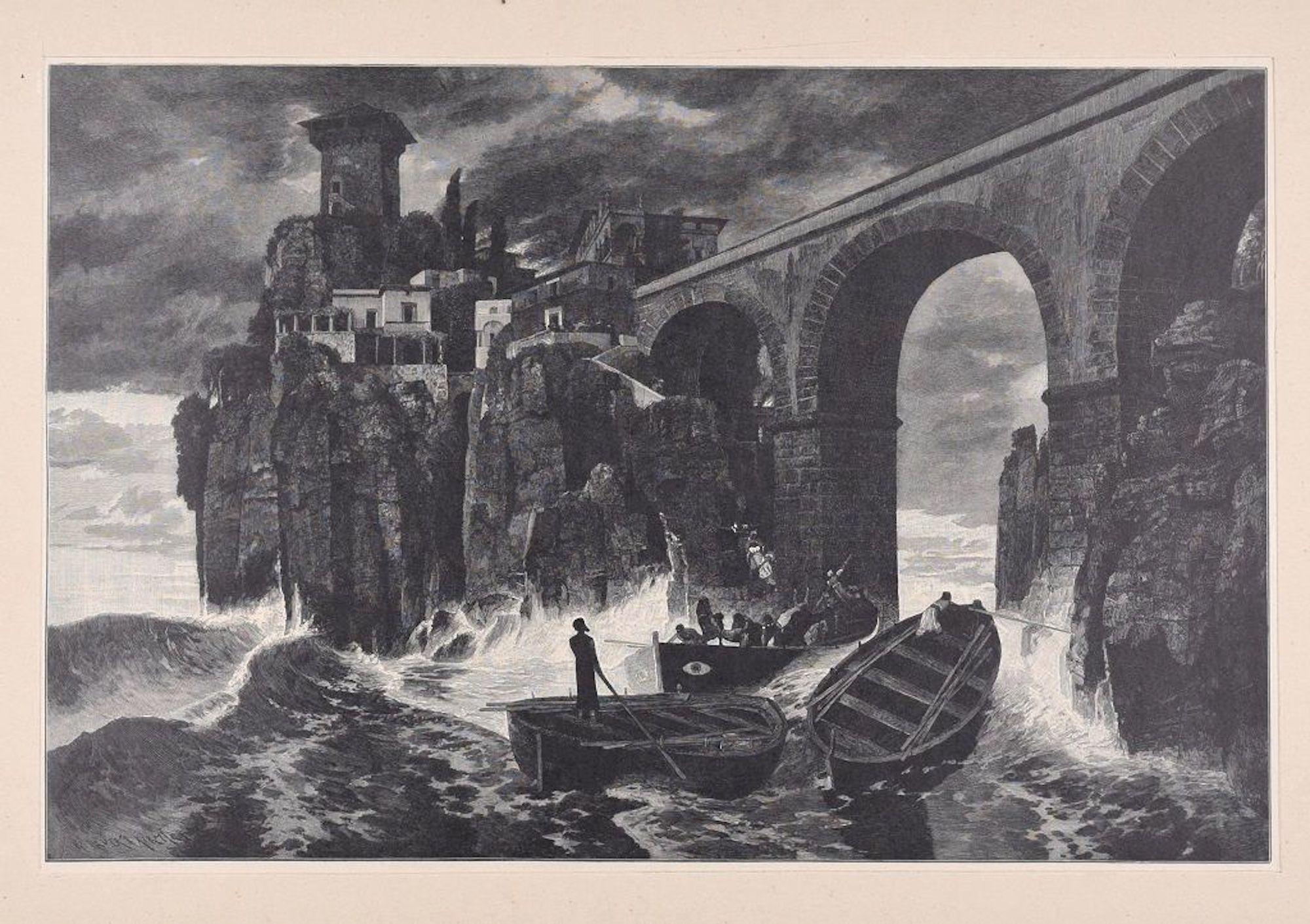 Pirate attackieren das Schloss auf dem Meer – Original-Holzschnitt von J. Weber – 1898