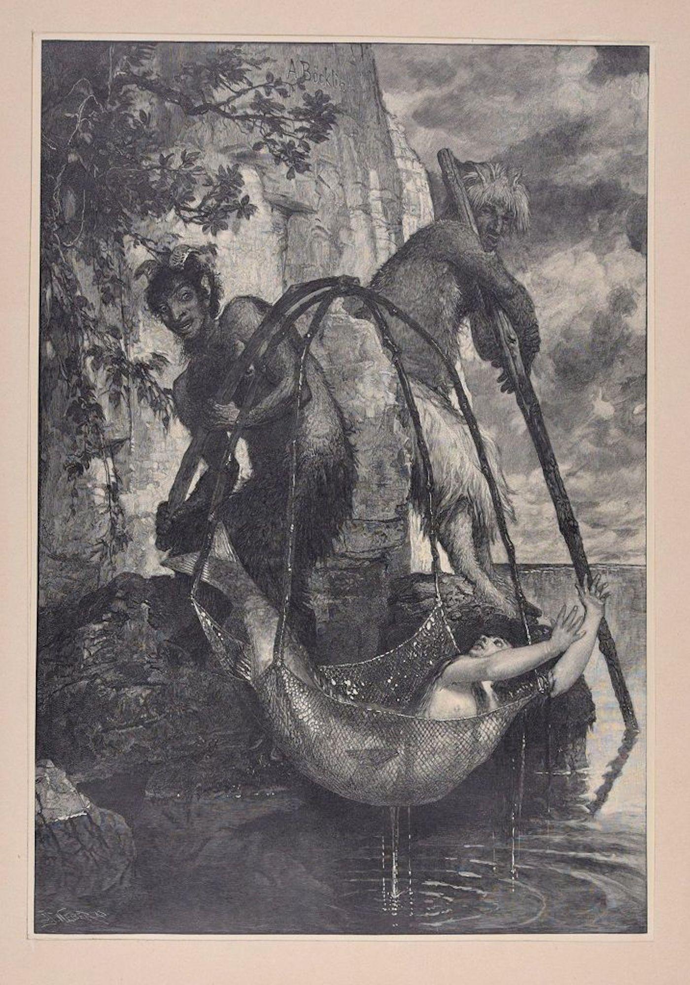 Arnold Bocklin (After) Figurative Print - Fischender Pan - Original Woodcut by J.J. Weber - 1898
