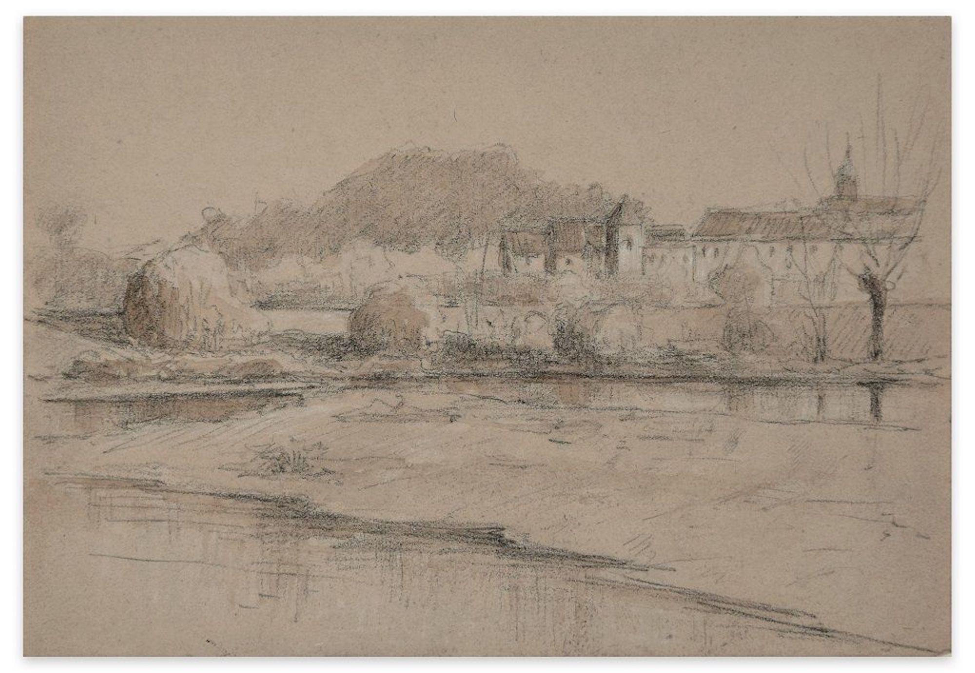 Emile-Louis Minet Figurative Art - Village on the River - Pencil, Charcoal and Watercolor by E.-L. Minet-Early 1900