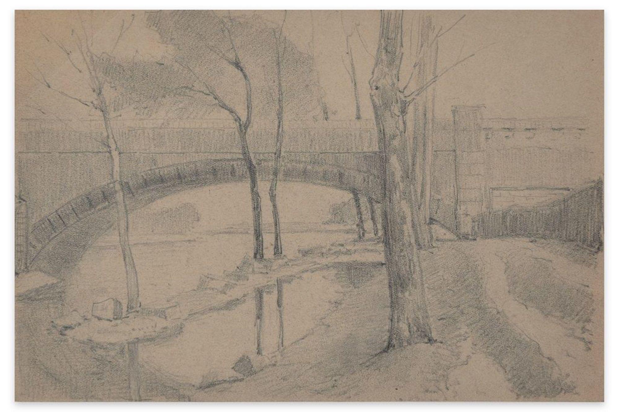 Emile-Louis Minet Landscape Art – Bridge on the River - Kohle und Bleistift von E.-L. Minet - 1919