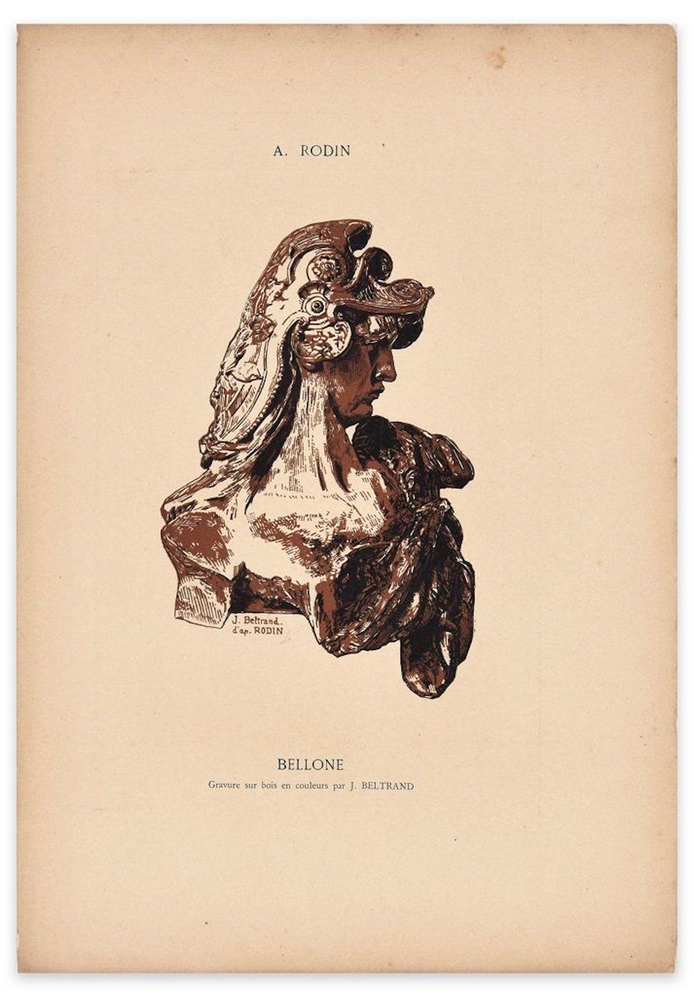 Figurative Print Jacques Beltrand - Bellone - gravure sur bois originale de J. Beltrand d'après A. Rodin - début du XXe siècle