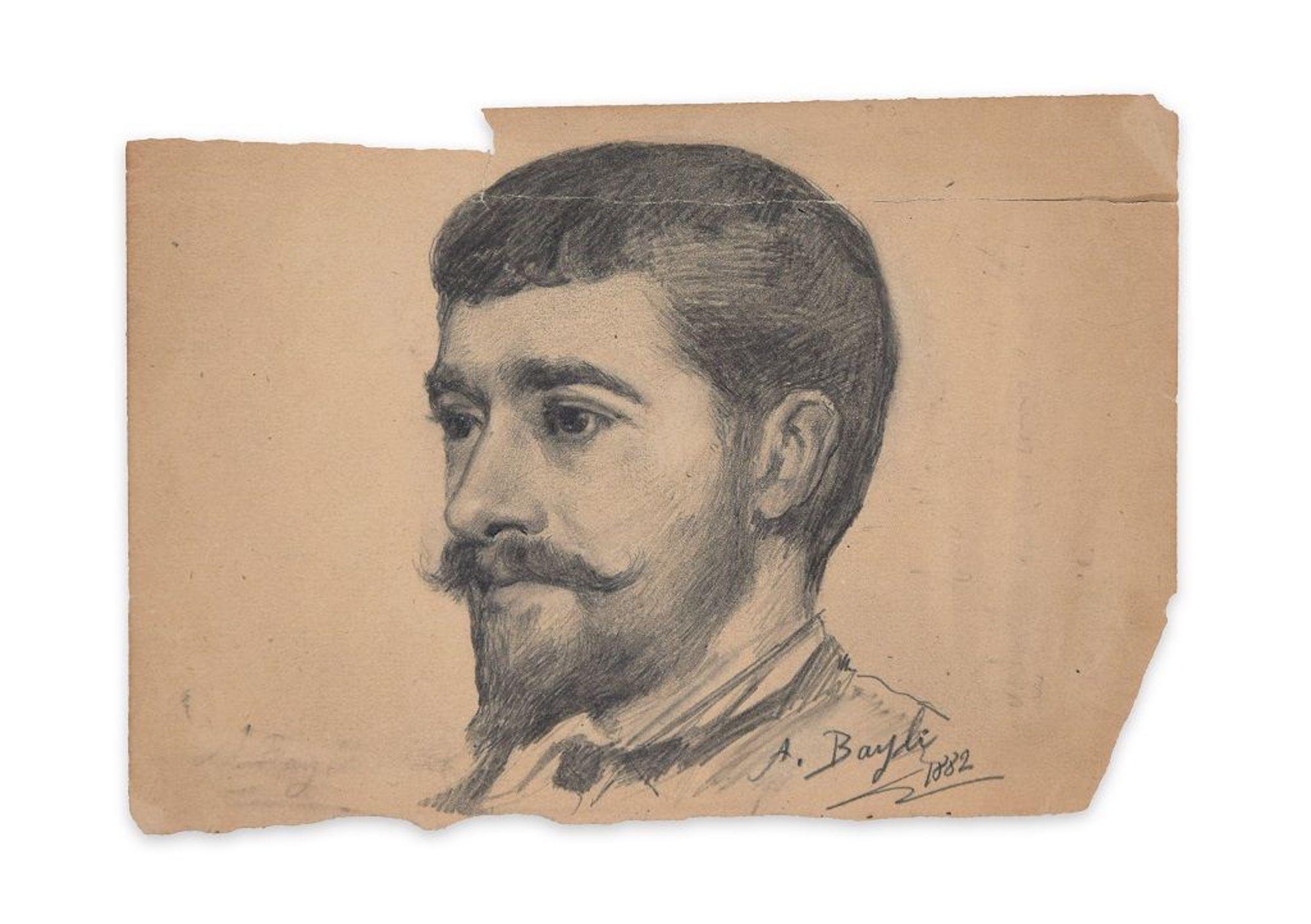 Unknown Figurative Art - Portrait of Young Man - Original Charcoal Drawing by French Artist - 1882