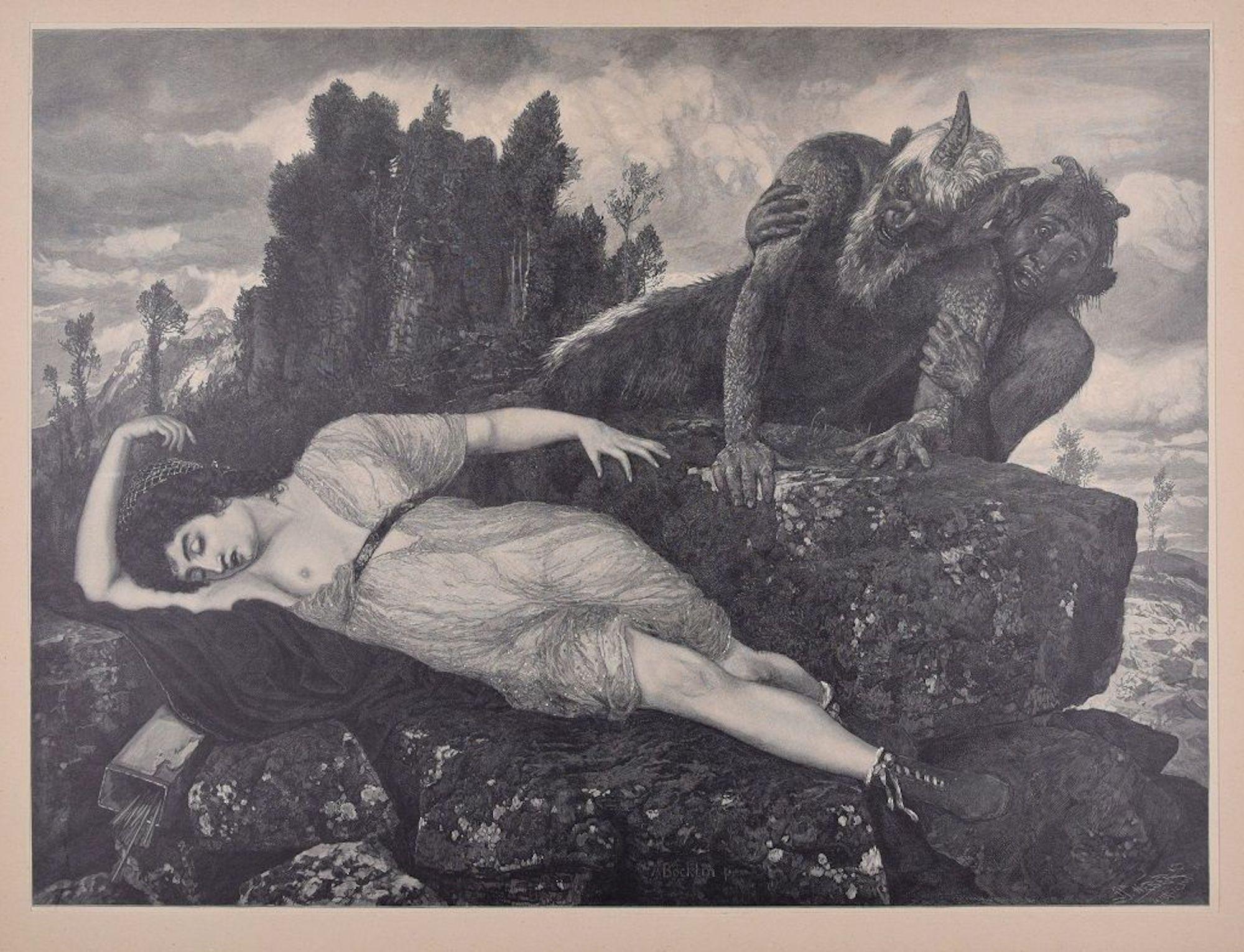 Arnold Bocklin (After) Figurative Print - Sleeping Diana - Original Woodcut by J.J. Weber - 1898