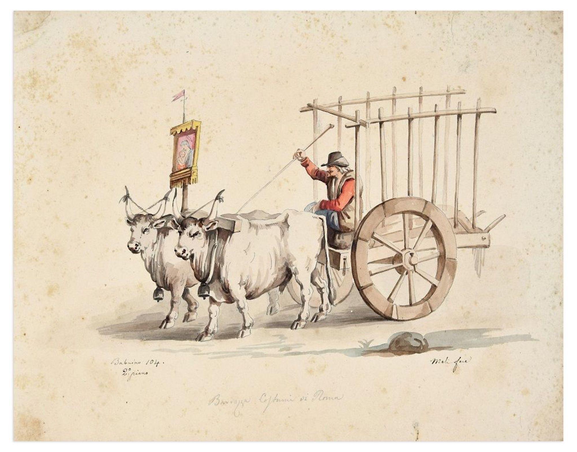 Unknown Figurative Art - Chariot - Original Ink and Watercolor - 19th Century