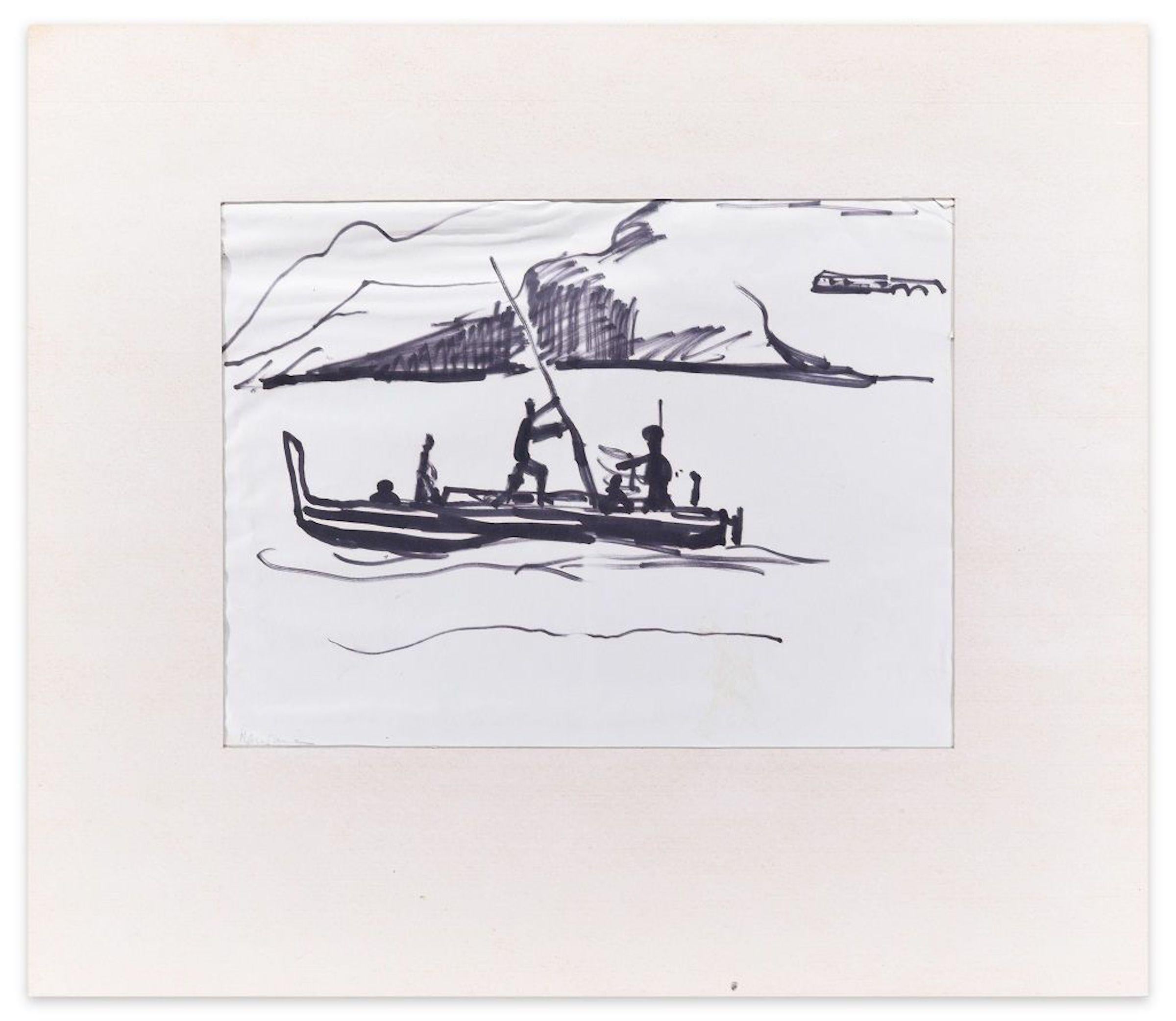 Gondola - lack Marker Drawing on Paper - Mid 20th Century - Art by Unknown