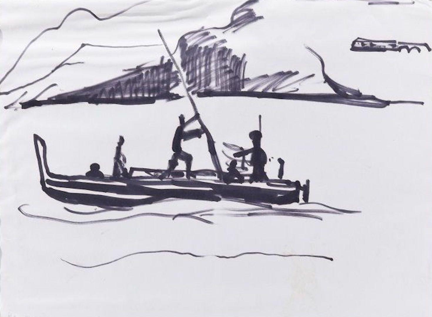 Gondola - lack Marker Drawing on Paper - Mid 20th Century