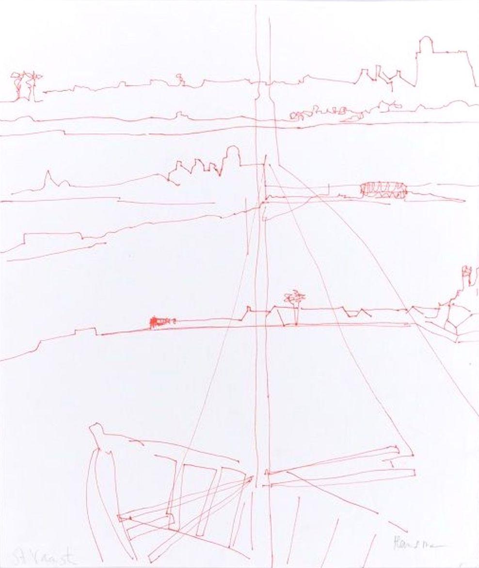 Unknown Landscape Art - Ship - Red Pen Drawing on Paper - Mid 20th Century