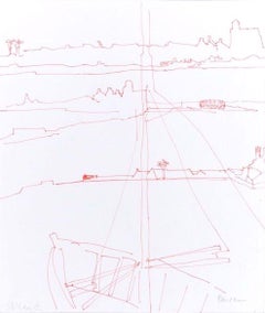 Ship - Red Pen Drawing on Paper - Mid 20th Century