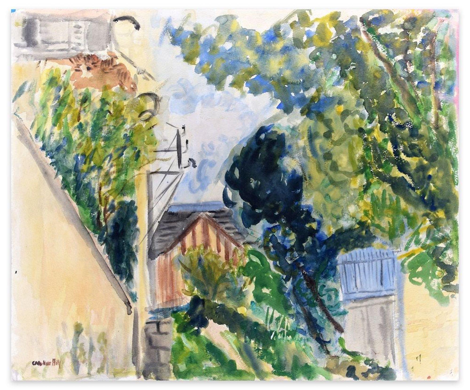 Vue d'extérieur - Aquarelle originale sur papier de Caroline Hill - 1970