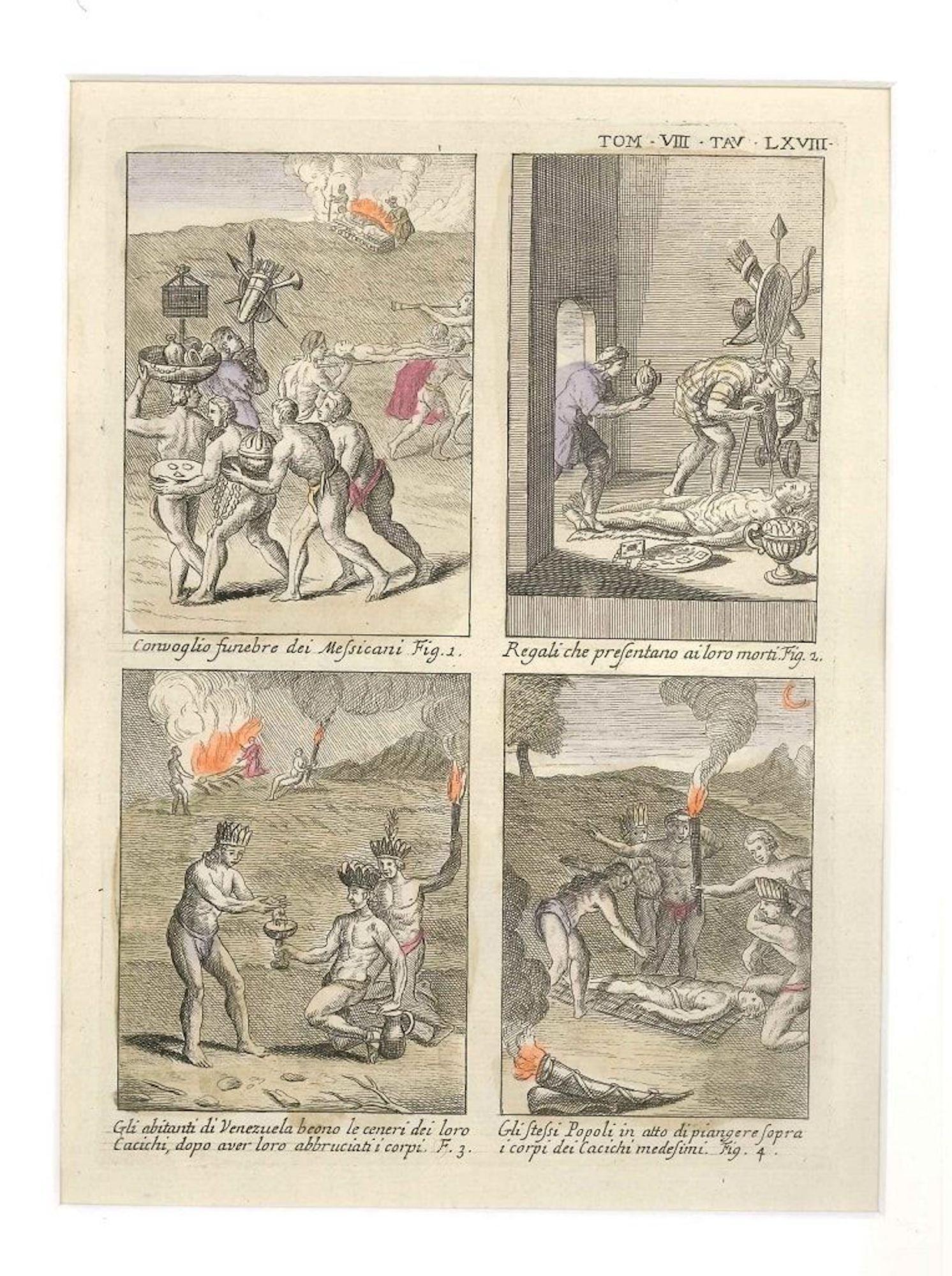 Gianfrancesco Pivati Figurative Print – Funeral Ceremonies unter den Mexikanern und Venezuelan – von G. Pivati – 1746/1751