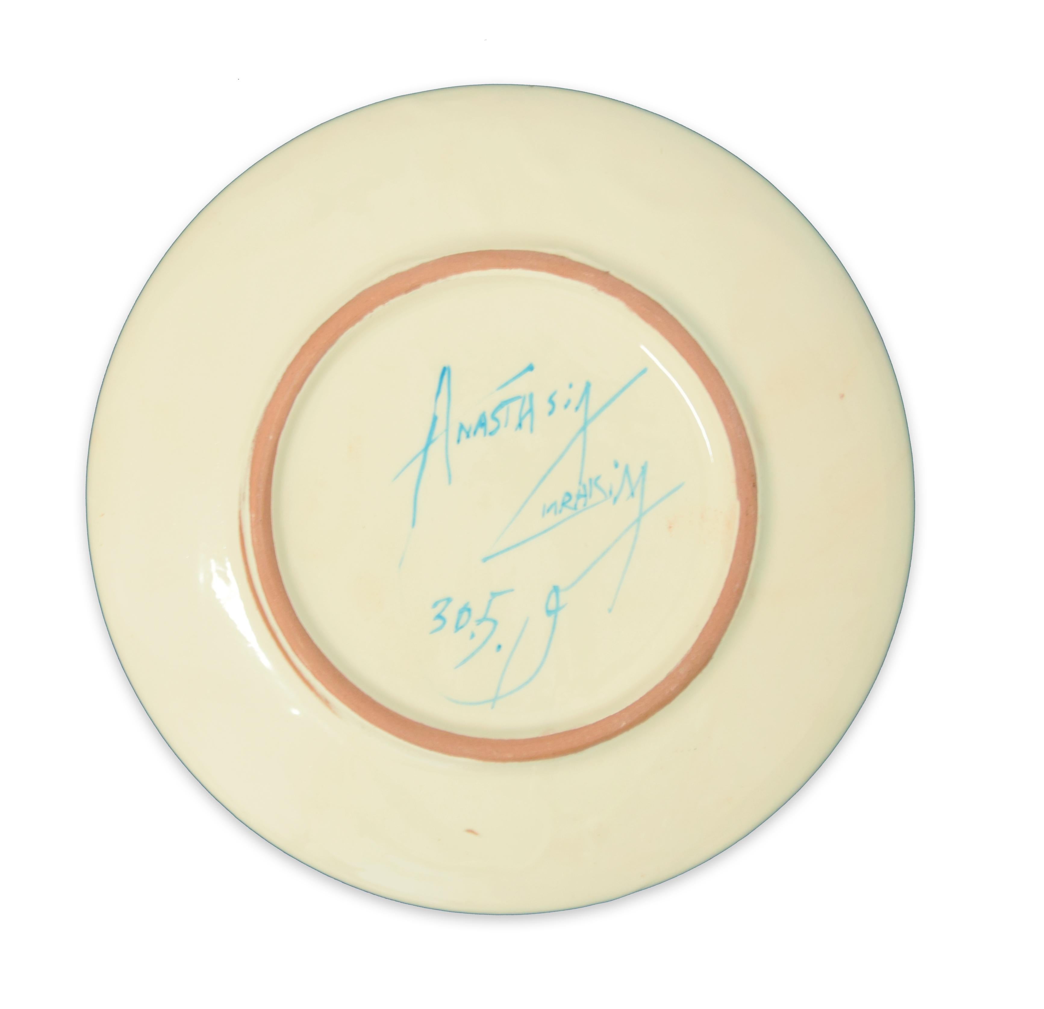 Chinese Man is a hand-made flat ceramic dish realized by the Russian emerging artist, Anastasia Kurakina in 2019. 

Signed and dated on the back at the center.

This is a decorative object, an artist's dish to show and a functional object to put on