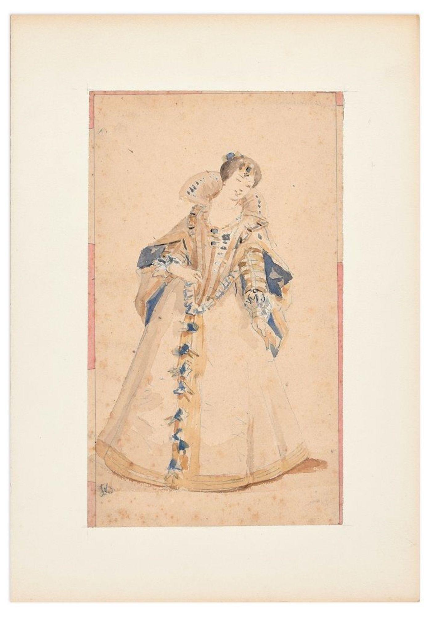 Unknown Figurative Art – La Belle Dame - Bleistift und Aquarell von einem unbekannten französischen Künstler 19. Jahrhundert 