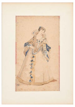 La Belle Dame - Lápiz y Acuarela por Artista Francés Desconocido Siglo XIX