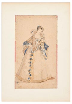 Antique La Belle Dame - Pencil and Watercolor by Unknown French Artist 19th Century 