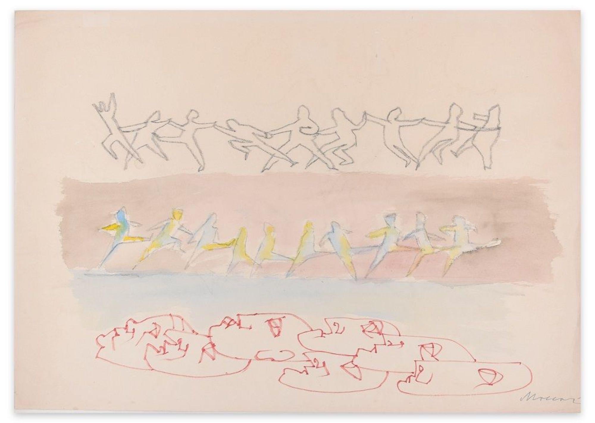  Mino Maccari Figurative Art - Parade - Original Charcoal, Red Marker and Watercolor by M. Maccari - 1970s