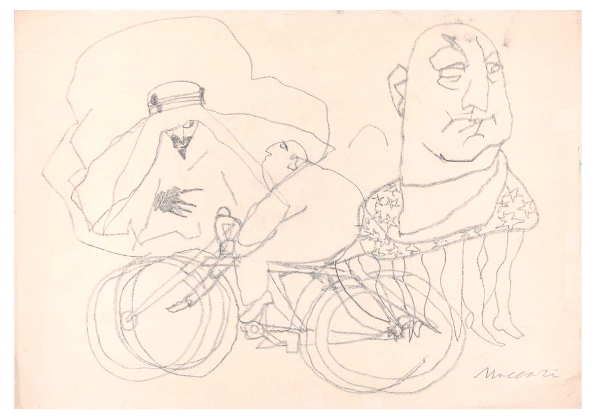 Figurative Art di  Mino Maccari - Uomo in bicicletta - Disegno originale a carboncino di M. Maccari - Anni '70