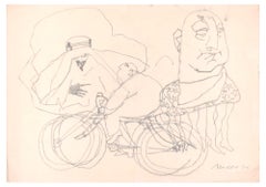 Man on a Bicycle - Original Charcoal Drawing by M. Maccari - 1970s