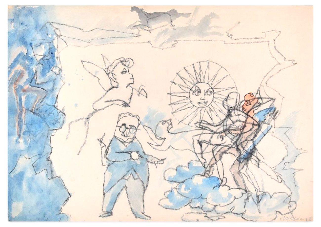  Mino Maccari Figurative Art - Fairy Tales of the Sun - Charcoal and Watercolor by M. Maccari - 1970s