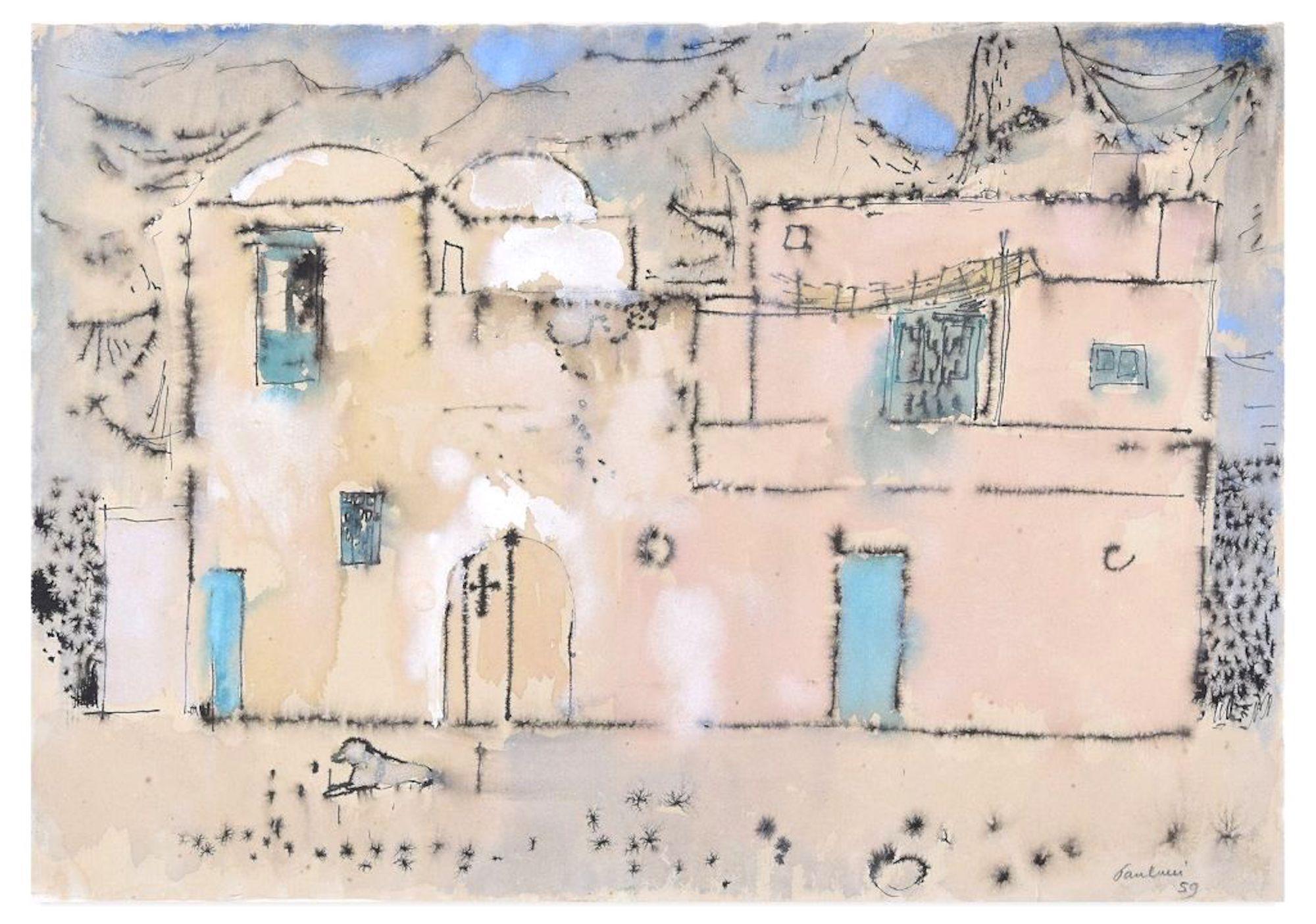 Landscape Print de Enrico Paulucci - Ciudad - Tinta china y acuarela - 1959