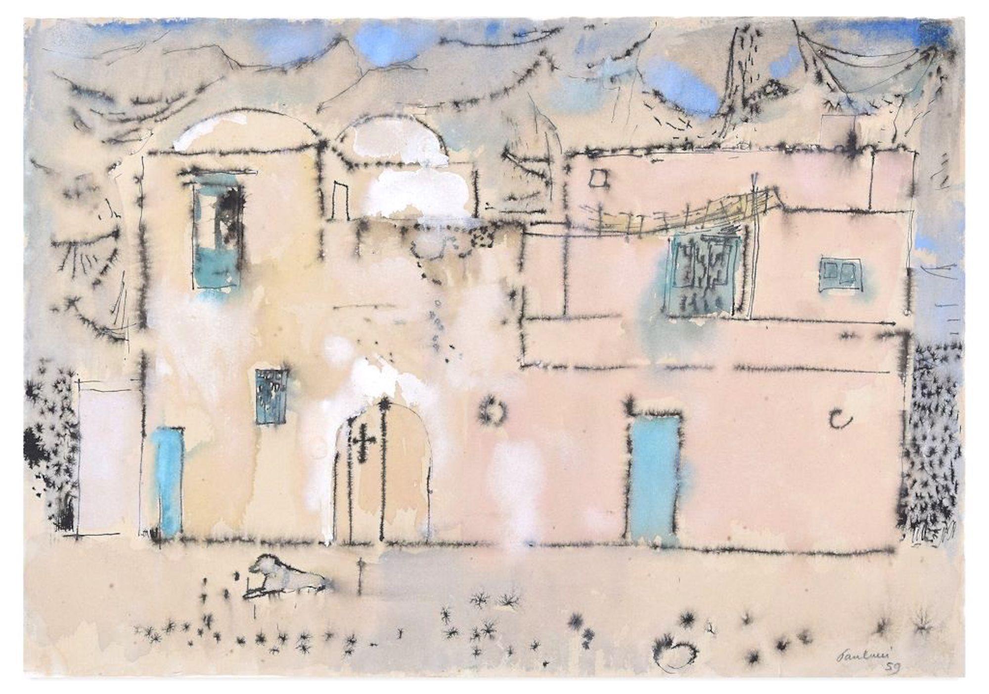 Enrico Paulucci Landscape Print - Town - China Ink and Watercolor - 1959