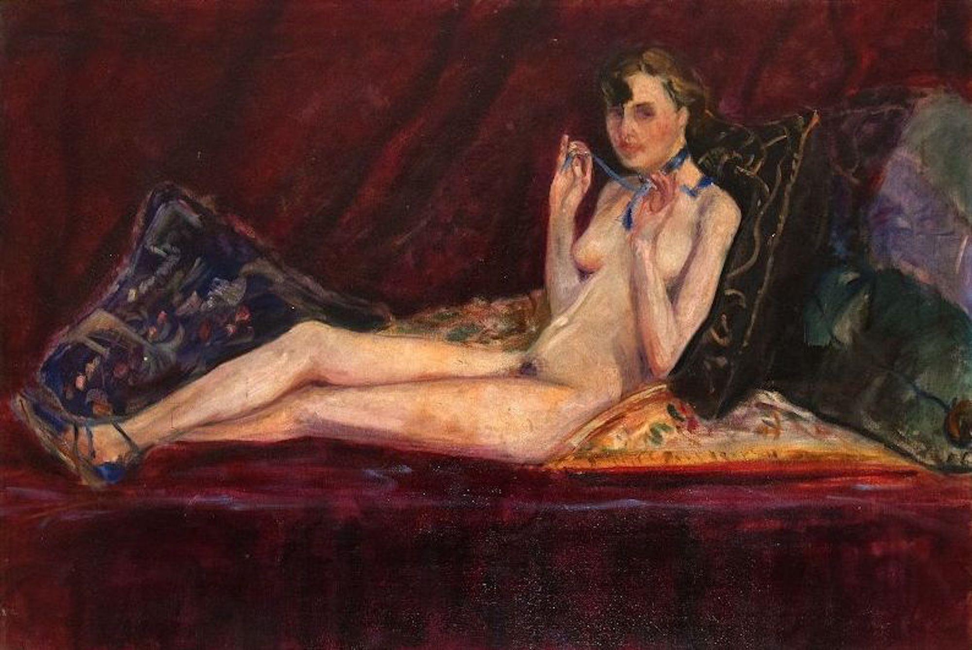 Laying Nude with Blue Lace ist ein Kunstwerk des italienischen Künstlers Antonio Feltrinelli aus den 1930er Jahren. 

Öl auf Leinwand. 

Schöner Originalrahmen enthalten (cm 140 x 190). 

Sowohl das Werk als auch der Rahmen sind in sehr gutem
