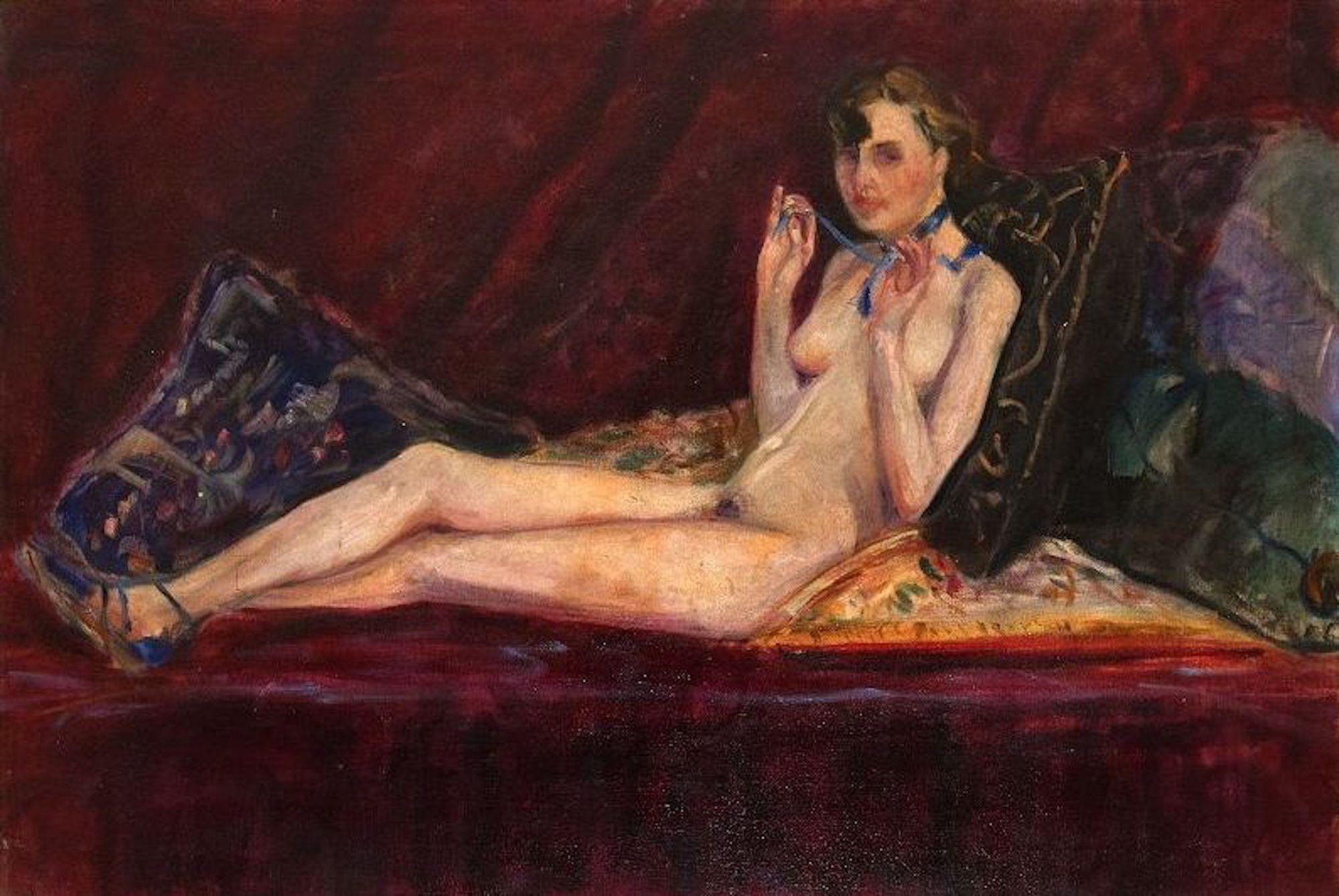 Tumbarse desnudo con la lanza azul -  Óleo sobre lienzo de Antonio Feltrinelli - Años 30
