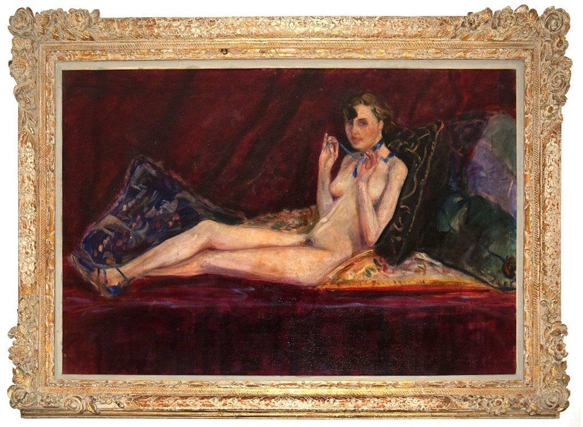 Laying Nude mit blauer Lance –  Ölgemälde auf Leinwand von Antonio Feltrinelli – 1930er Jahre im Angebot 1