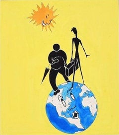 Retro Between Earth and Sun - Tempera on Paper by J.-F. Julliard - Mid 20th Century