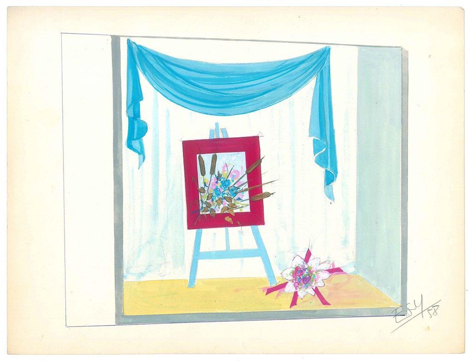 Image dimensions: 19.5 x 24 cm.

The Atelier is an original artwork realized in by Esy Beluzzi in 1958.

Original tempera on paper. 

Hand-signed and dated by the artist in pencil on the lower right corner: Esy 1958.

Mint conditions. 

Colorful