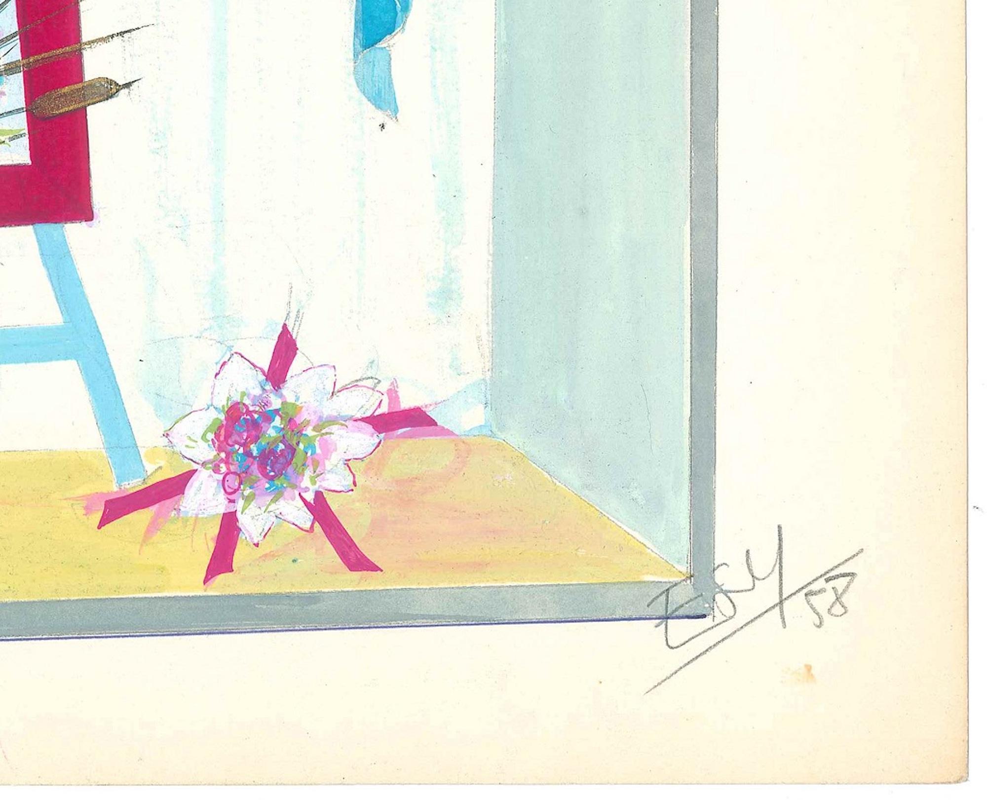 Atelier - Original Tempera on Paper by Esy Beluzzi - 1958 1