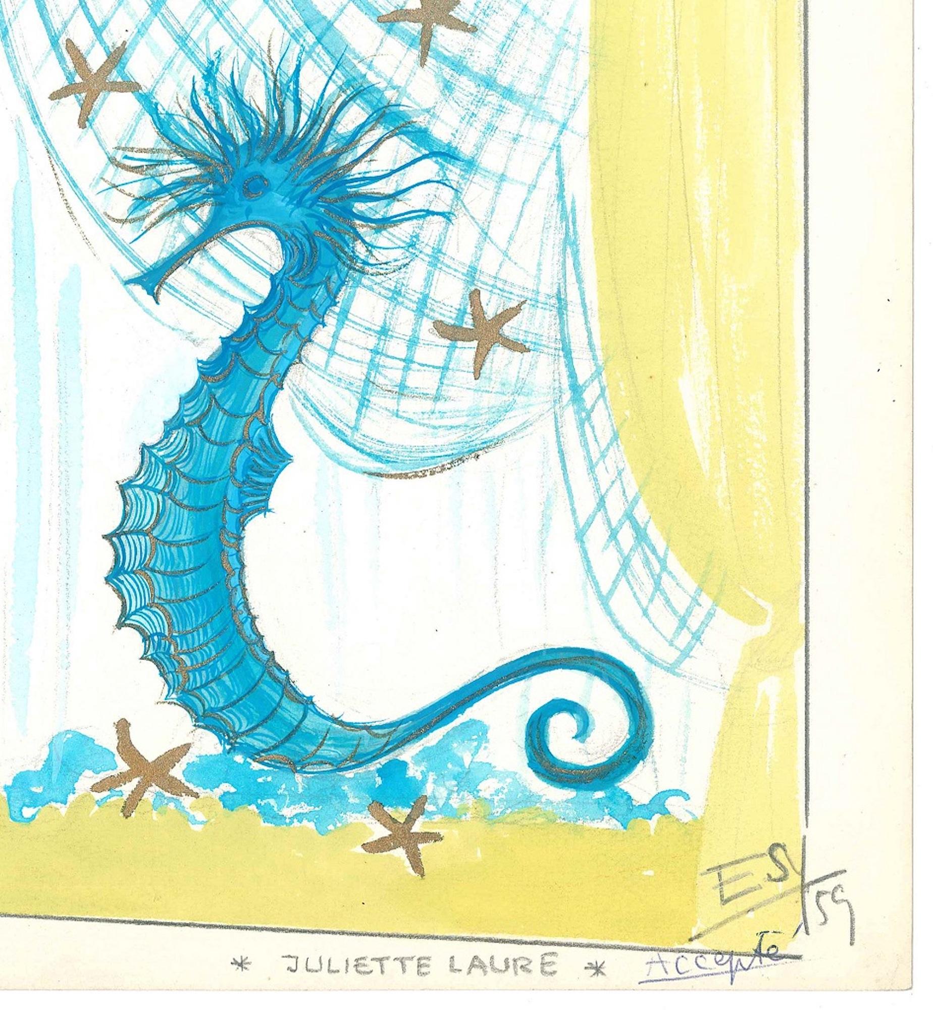 Seahorse - Original Tempera on Paper by Esy Beluzzi - 1959 1