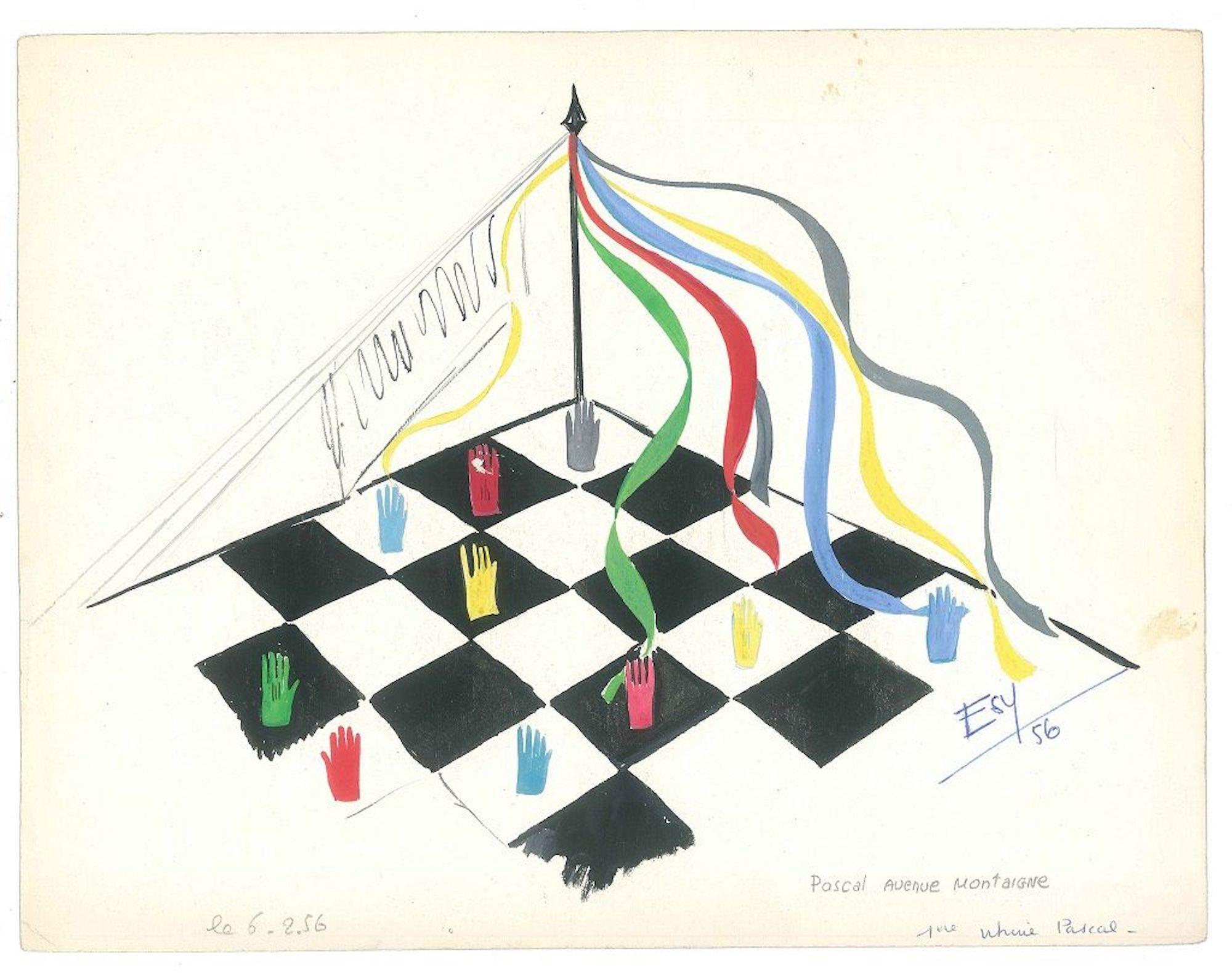 Chessboard is an original artwork realized by Esy Beluzzi in 1956.

Original painting on paper.

Hand-signed and dated in blue pen on the lower right corner: Esy 56. Inscriptions are present in pencil on the lower margin, both on the right and on