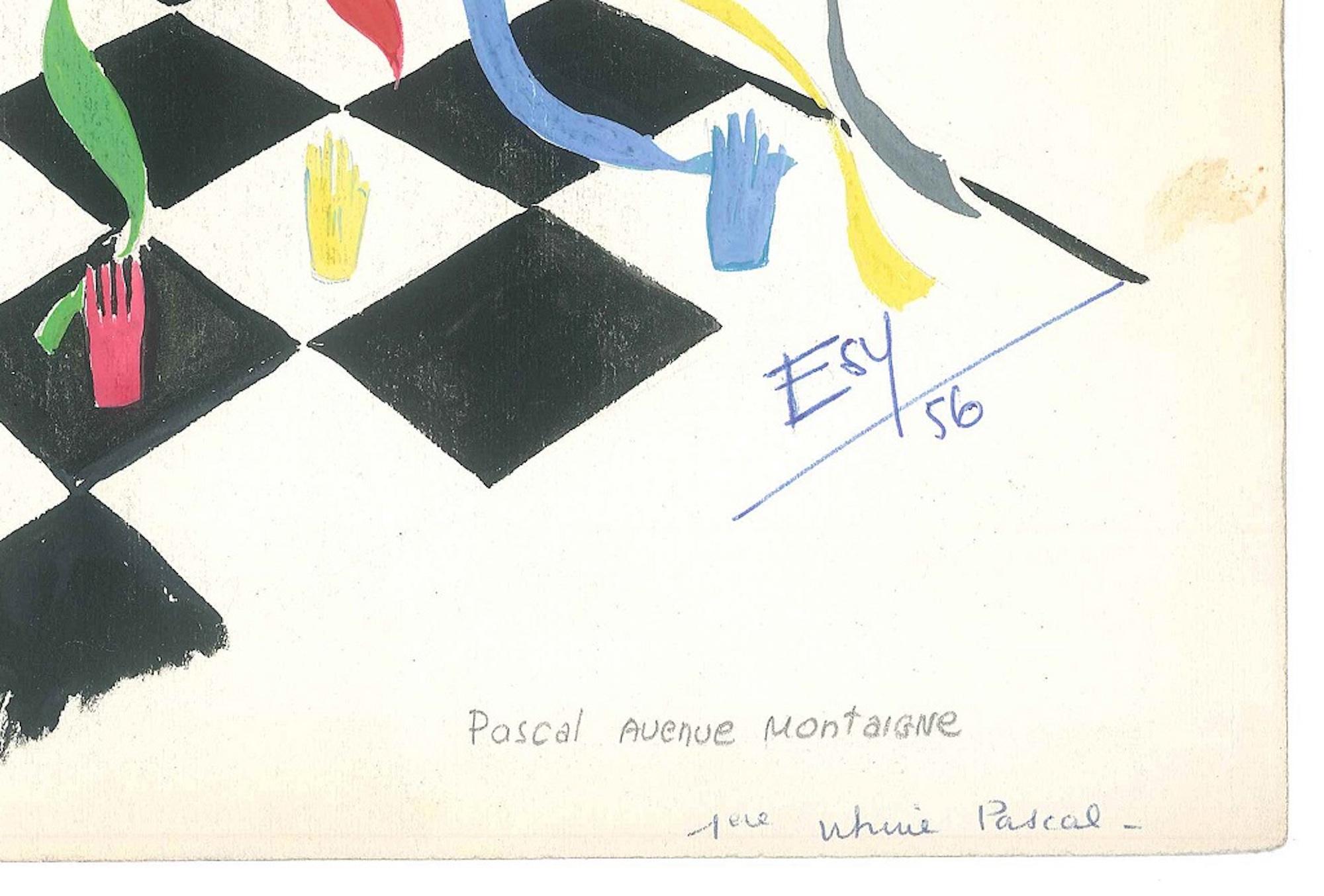 Chessboard - Original Tempera on Paper by Esy Beluzzi - 1956 1