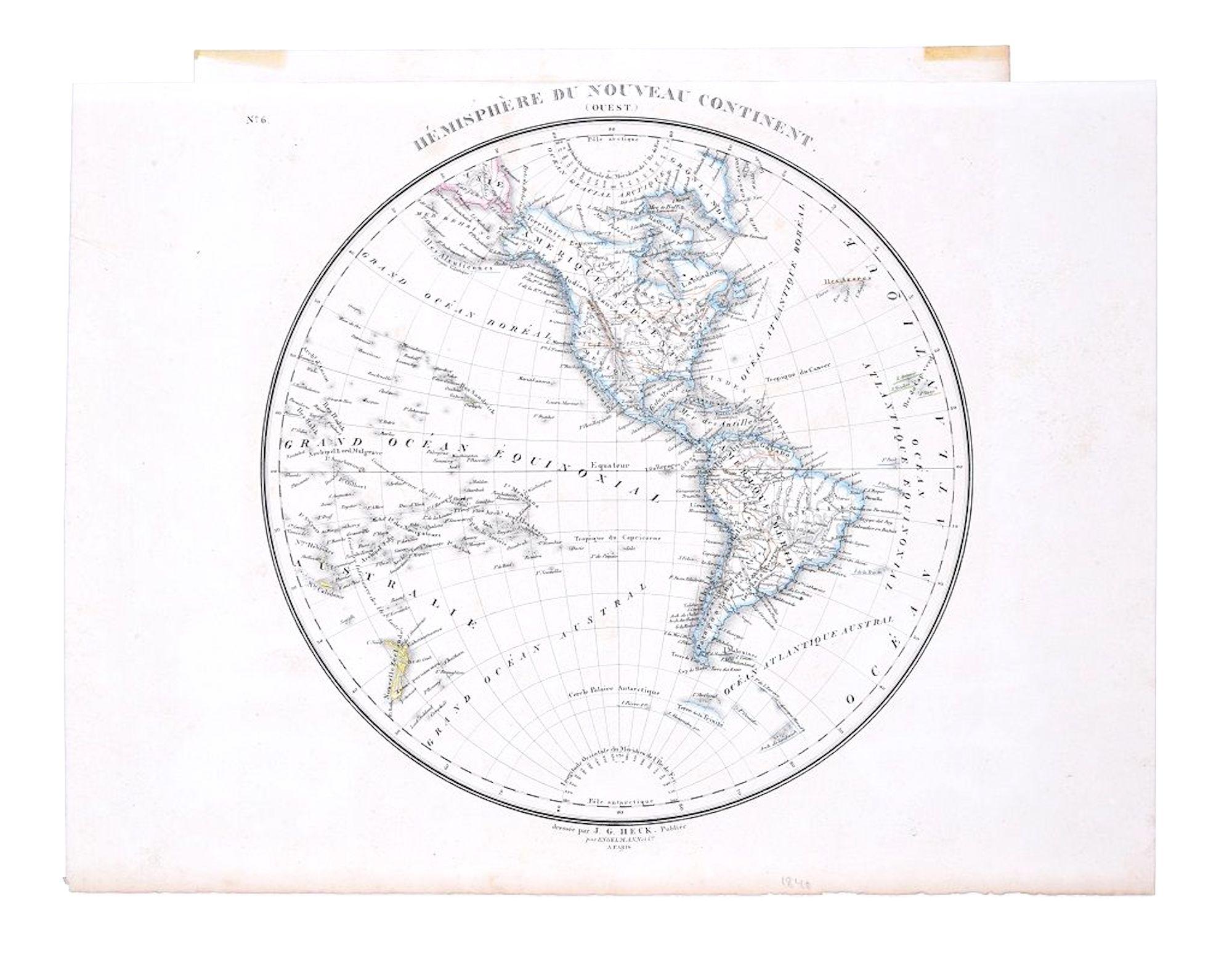 Johann Georg Heck Figurative Print - Hemisphere Of The New Continent - Ancient Map by J.G. Heck - 1834.