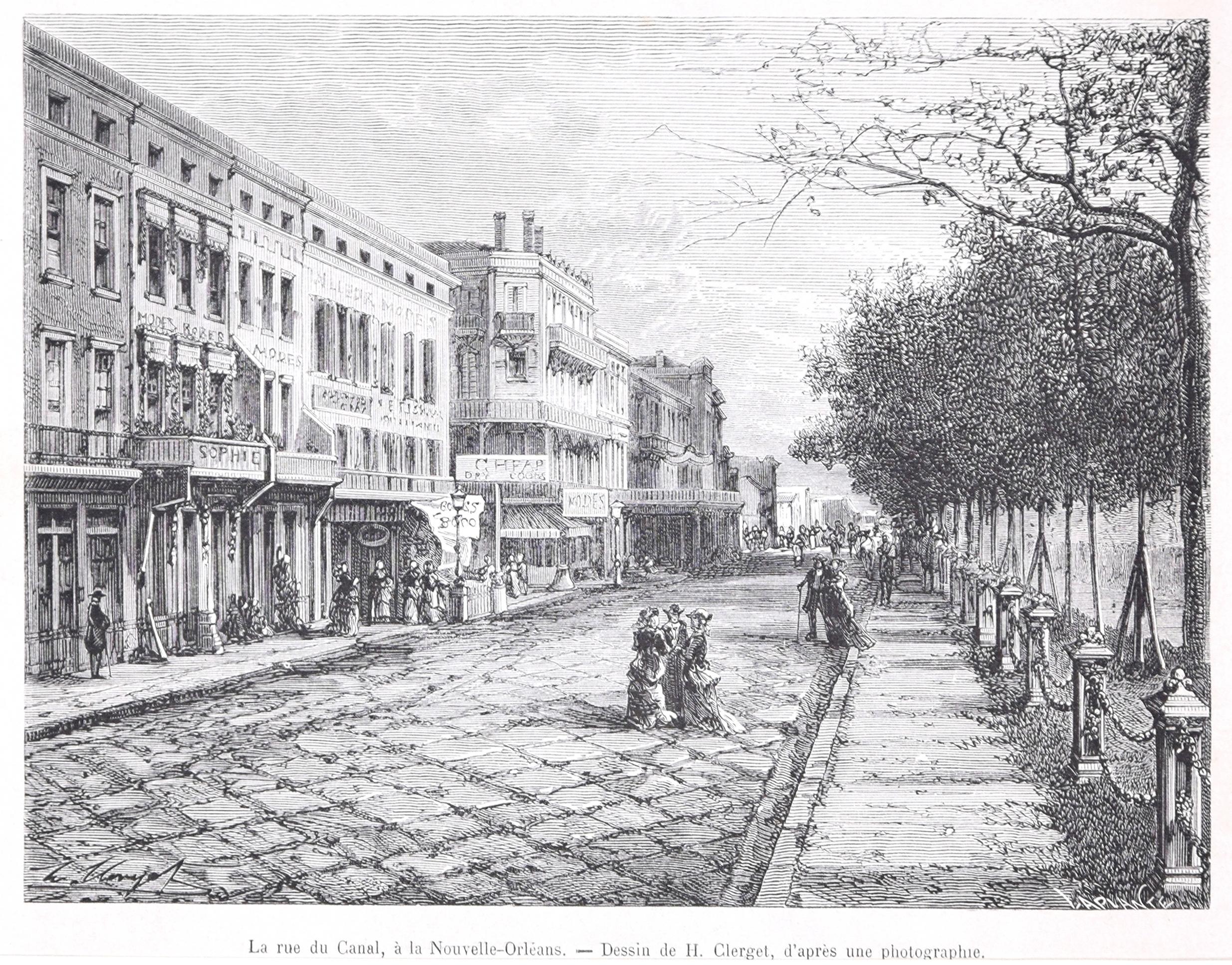 Figurative Print di Charles Laplante - La Rue du Canal - Veduta di New Orleans - Stampa xilografica dopo Hubert Clerge - 1880