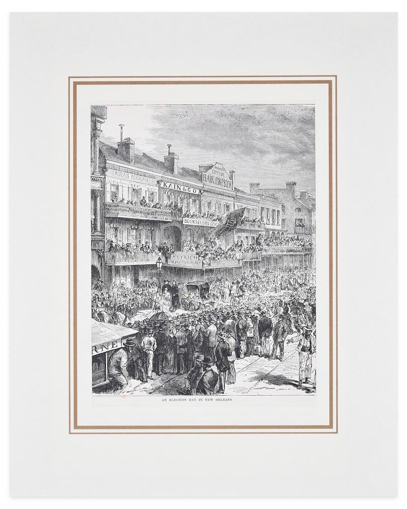Une journée d'élection à la Nouvelle-Orléans - Lithographie originale de H.-T. Hildibrand - 1880 - Print de Henry Théophile Hildibrand