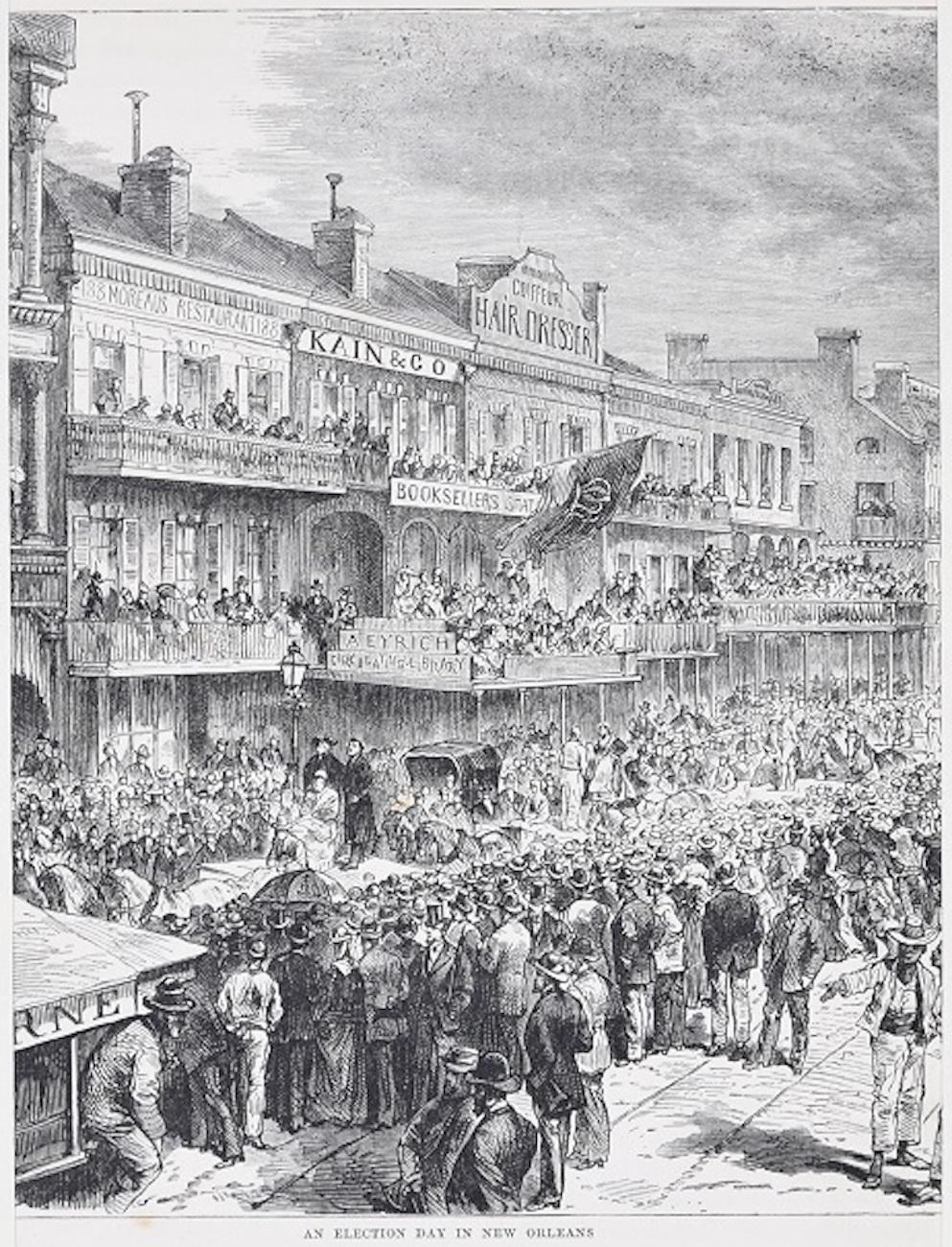 Figurative Print Henry Théophile Hildibrand - Une journée d'élection à la Nouvelle-Orléans - Lithographie originale de H.-T. Hildibrand - 1880