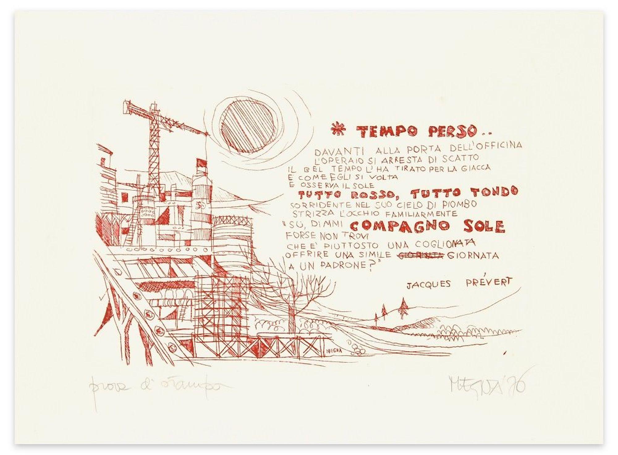 Image dimensions: 15.7 x 24.6 cm.

Lost Time is an original etching on paper, realized with the red ink in 1976 by the Italian artist Giuseppe Megna.

Hand-signed and dated in pencil on lower right margin.

This is a splendid artist's proof