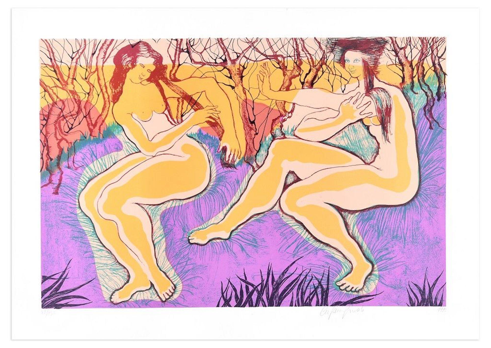 Two Women Of The Forest is a beautiful colored lithograph realized by Stefania Guidi in 1993.

Hand-signed in pencil on lower right margin. Dated on lower right. Numbered on lower left. Edition 87/150.

Original title: Due Donne del Bosco

This