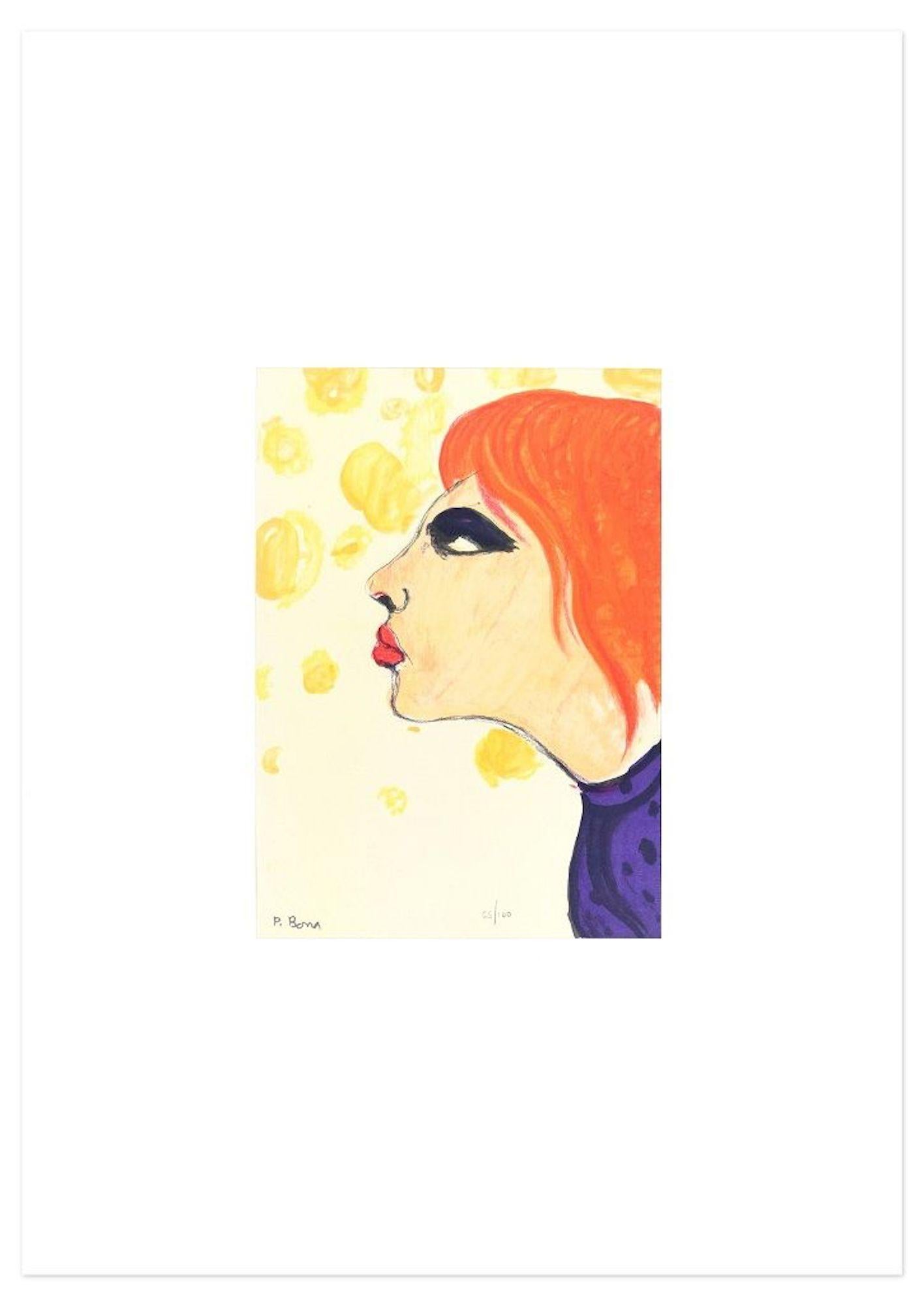 Mujer de rojo - Litografía original de P. Borras - 1973 - Print de Pompeo Borra