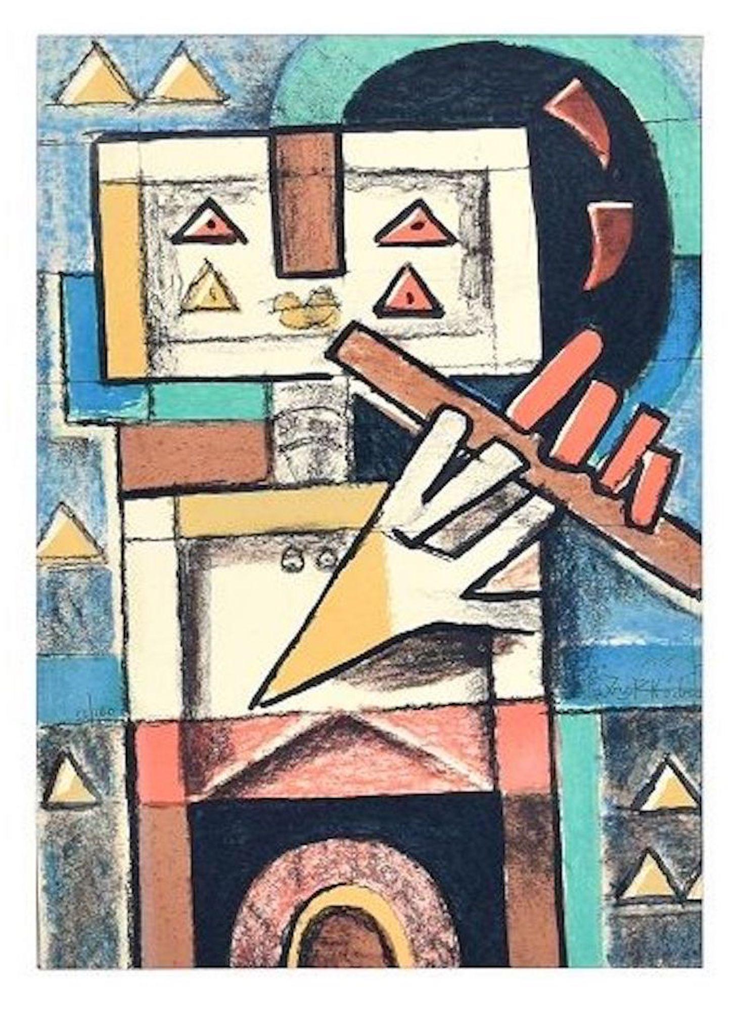 Ibrahim Kodra Abstract Print - Flute Player - Original Lithograph by I. Kodra - 1975