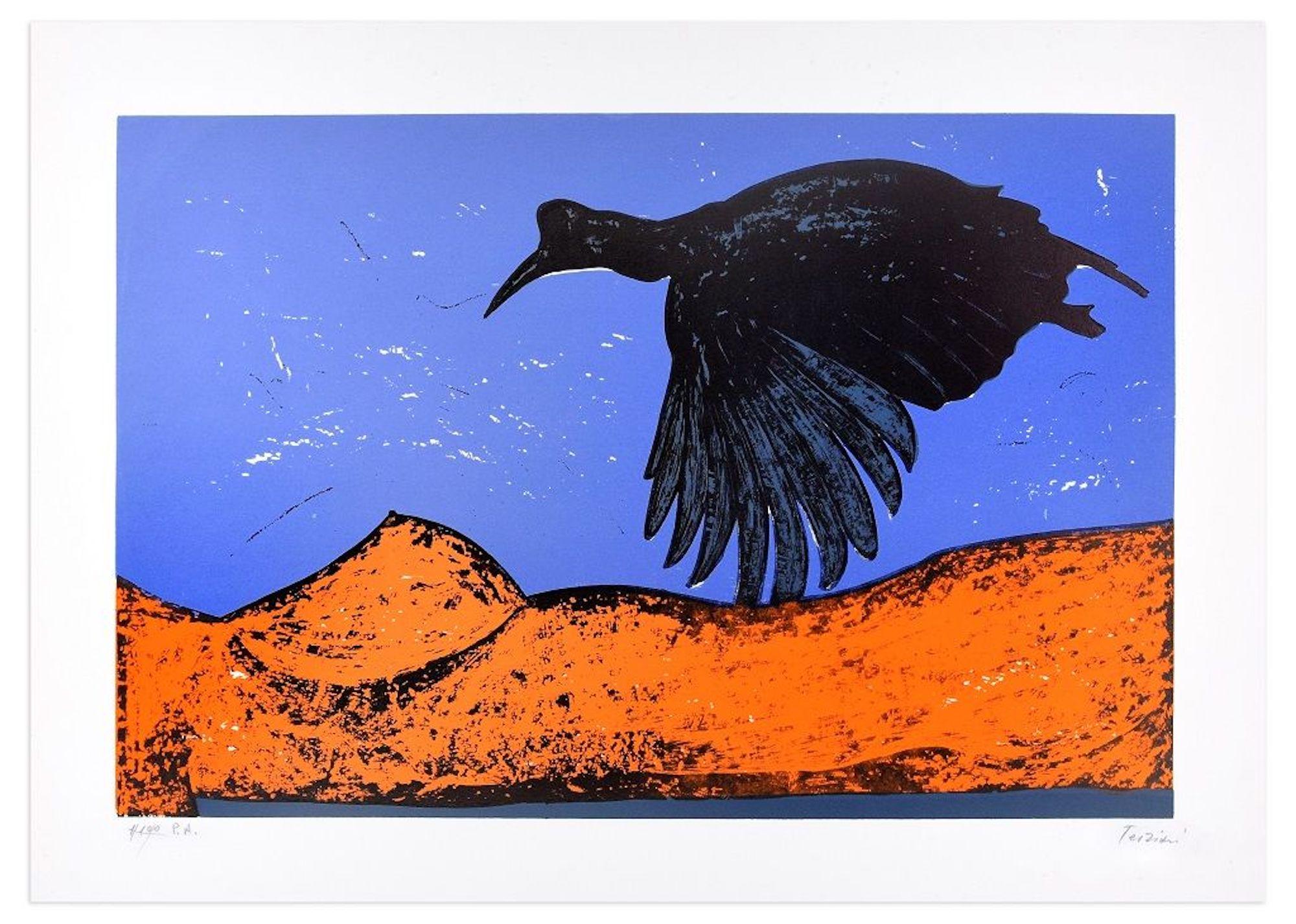 Schwarzer Vogel – Originallithographie von Nino Terziari – 1970er Jahre