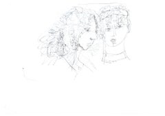 Vintage Two Portraits - Original Pen Drawing by Jeanne Daour - Mid 1900