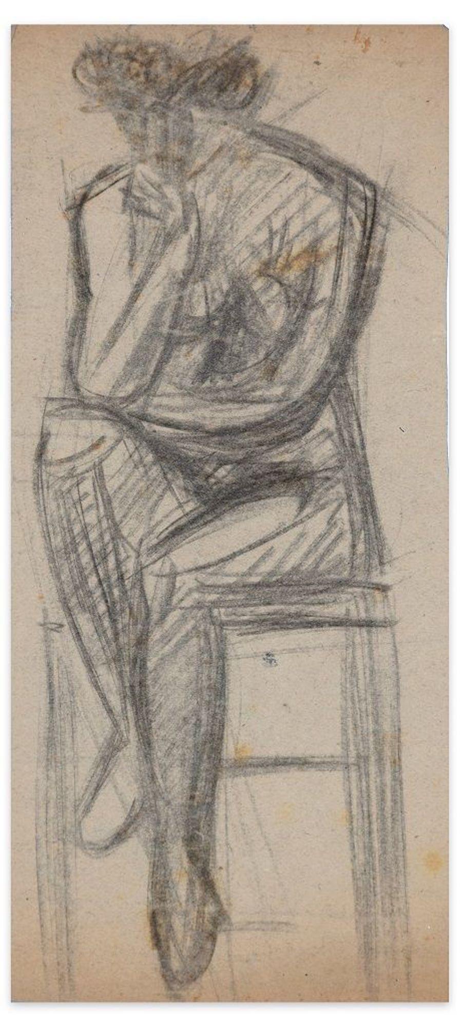 Sitting Nude - Original Charcoal Drawing - Early 20th Century - Art by Unknown