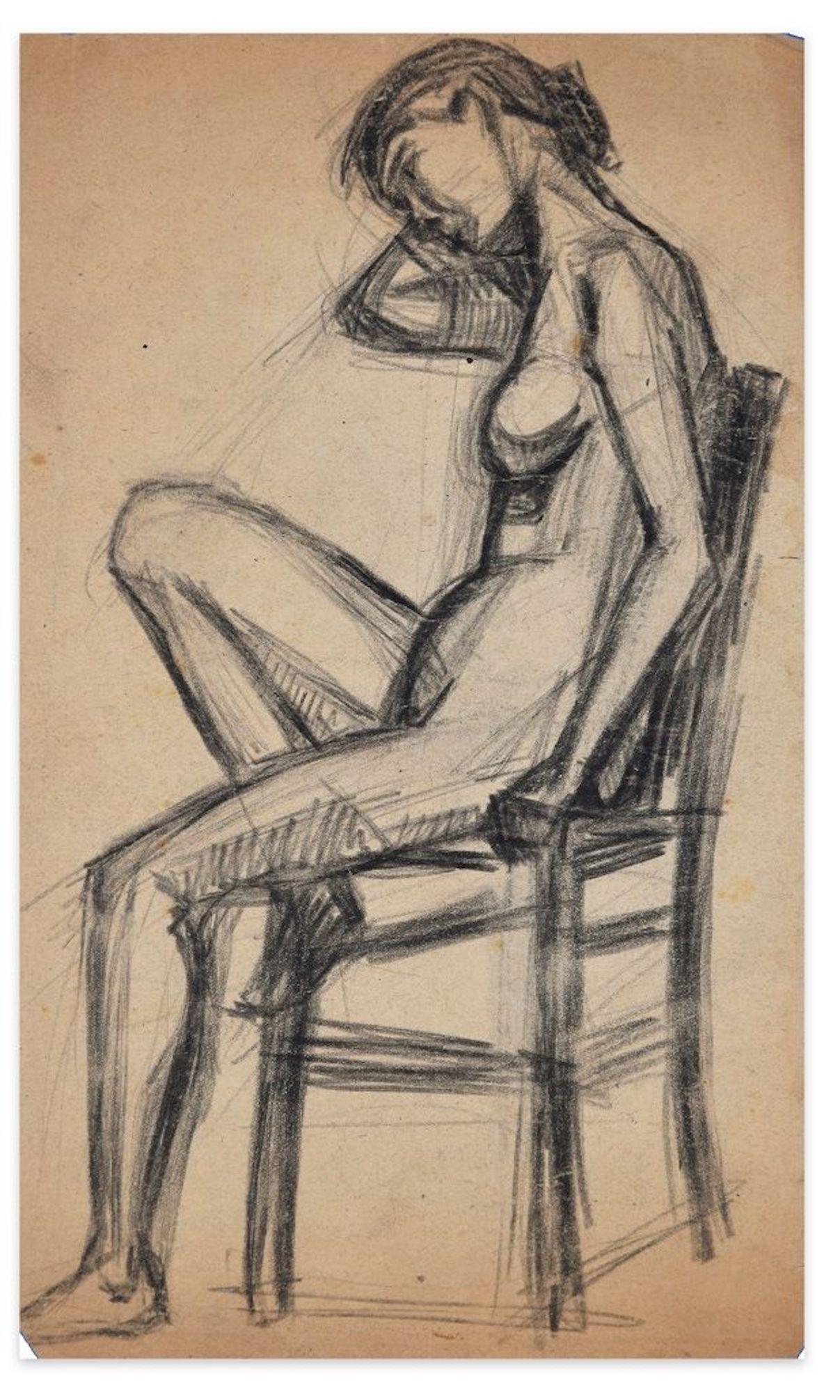 Unknown Figurative Art - Sitting Female Nude - Original Charcoal Drawing - Early 20th Century