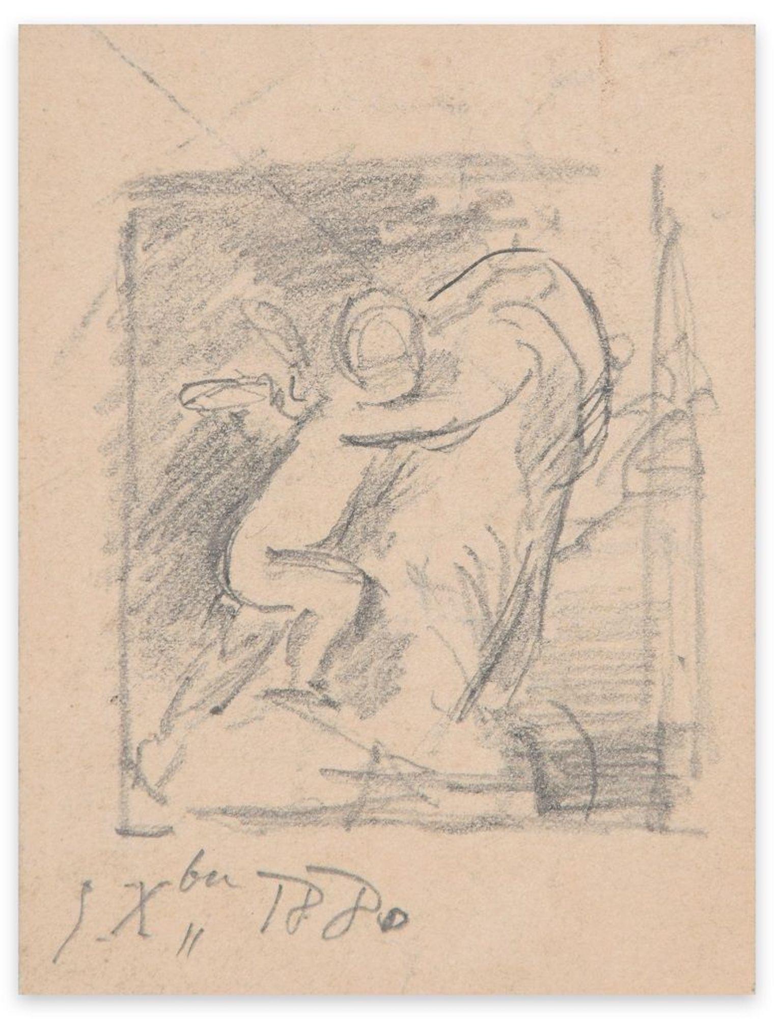 Family - Drawing original au crayon des années 1880