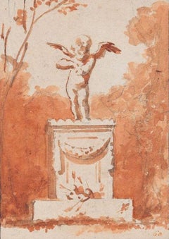 Cupid Statue - Original Charcoal and Watercolorl Drawing - Late 19th Century 