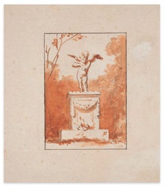 Cupid Statue - Original Charcoal and Watercolorl Drawing - Late 19th Century
