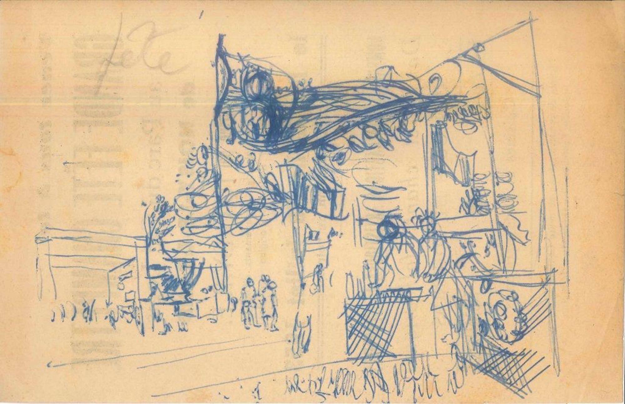 Party is a blue China ink original drawing realized on cream-colored paper by the artist Jeanne Daour (Bucharest,1914-?).

Titled in pencil and in French on higher left margin.

This beautiful original drawing rapidly sketched on an advertising