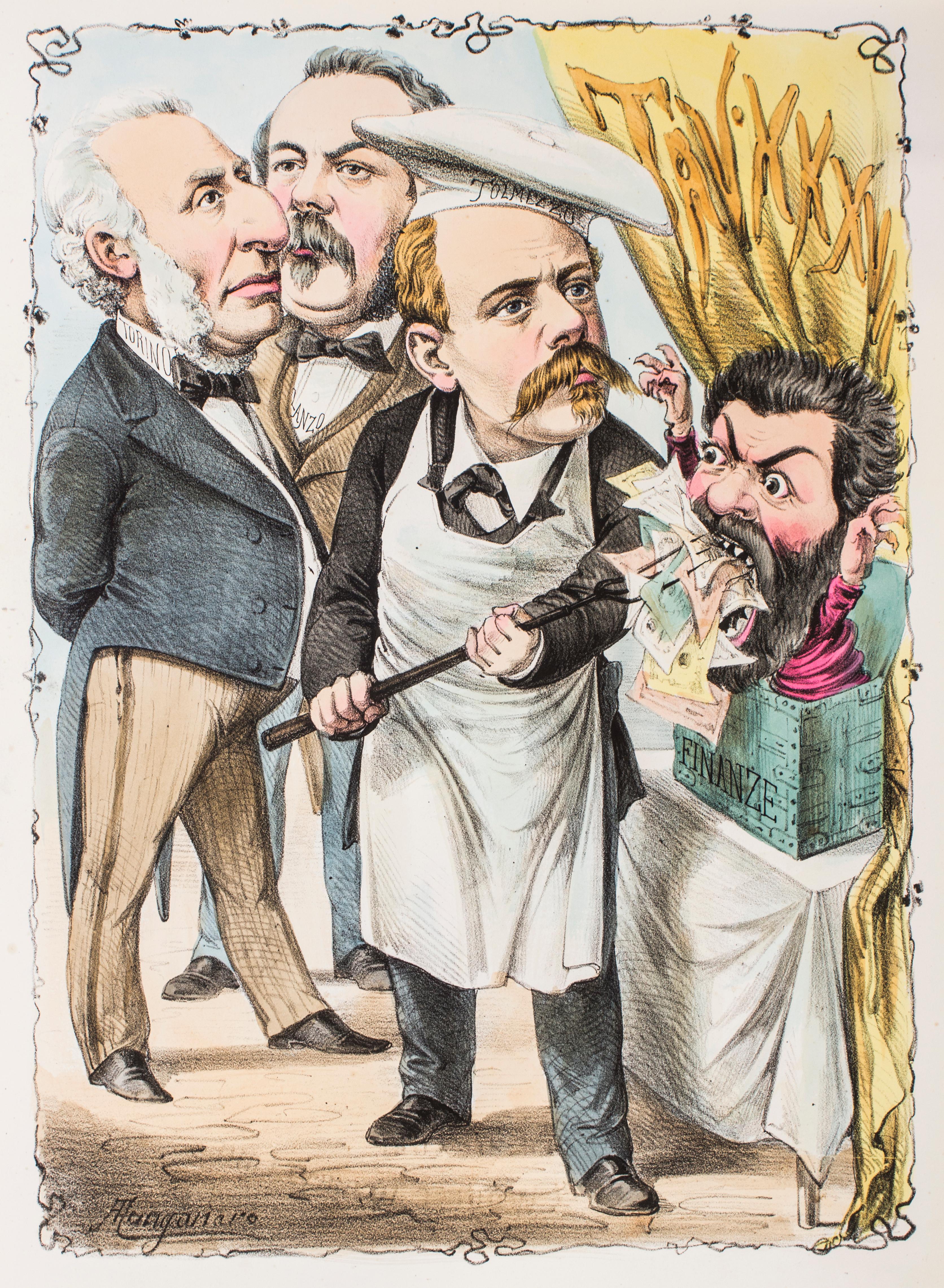 Figurative Print de Antonio Mangano - Finanze - Litografía original de Antonio Manganaro - Años 1870